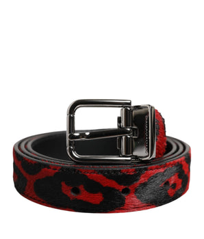 Dolce &amp; Gabbana Black Red Leopard Silver Metal Buckle Strap