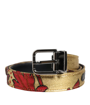 Dolce &amp; Gabbana Gold Floral Jacquard Silver Metal Buckle Belt