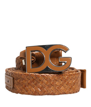 Dolce &amp; Gabbana Brown Braided Metal DG Logo Buckle Belt