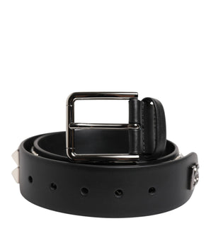 Dolce &amp; Gabbana Black Leather Studded DG Metal Buckle Belt