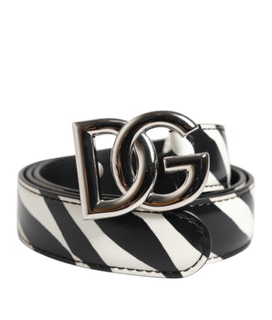 Dolce &amp; Gabbana Black White Leather Silver Metal Buckle Belt