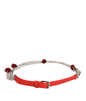 Dolce &amp; Gabbana Red Leather Silver Chain Floral Waistband