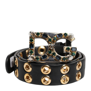 Dolce & Gabbana Black Leather Eyelet Crystal DG Buckle Belt