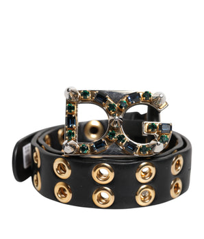 Dolce &amp; Gabbana Black Leather Eyelet Crystal DG Buckle Belt