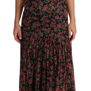 Dolce &amp; Gabbana Elegante vestido evasé floral de seda negro