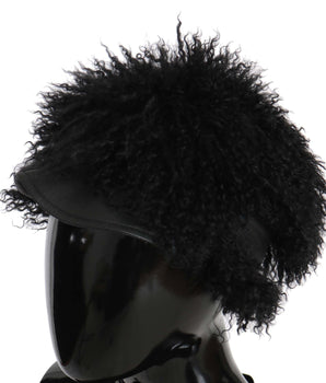 Dolce & Gabbana Black Tibet Lamb Fur Leather Gatsby Hat Dolce & Gabbana 
