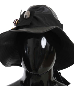 Dolce & Gabbana Black Leather DG Coin Crystal Wide Brim Hat Dolce & Gabbana 