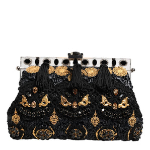 Dolce & Gabbana Black Tassel Gold Baroque Crystal Evening Clutch Bag