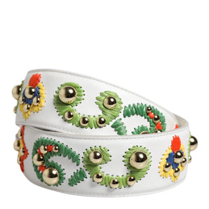 Dolce & Gabbana White Calfskin Raffia Embroidered Patchwork Shoulder Strap