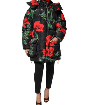 Dolce &amp; Gabbana Black Floral Polyester Jacket with Padded Hood