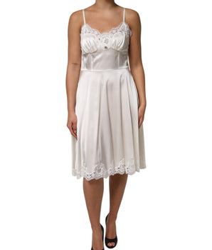 Dolce &amp; Gabbana White Lace DG Logo Silk Dress Sleepwear