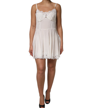 Dolce &amp; Gabbana White Lace Gold DG Logo Silk Dress Sleepwear