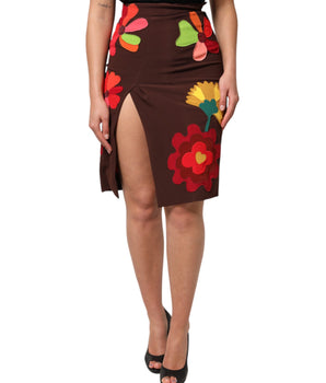 Dolce &amp; Gabbana Brown Floral High Waist Side Slit Skirt
