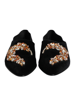Dolce &amp; Gabbana Black Velvet Embellished Loafer Slip On Shoes