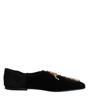 Dolce &amp; Gabbana Black Velvet Embellished Loafer Slip On Shoes