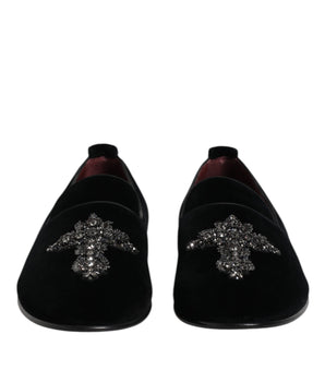 Dolce &amp; Gabbana Black Velvet Embellished Loafer Slip On Shoes