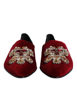 Dolce &amp; Gabbana Black Red Velvet Embellished Slip On Shoes