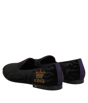 Dolce &amp; Gabbana Black DG Crown Embroidered Loafers Slip On Shoes