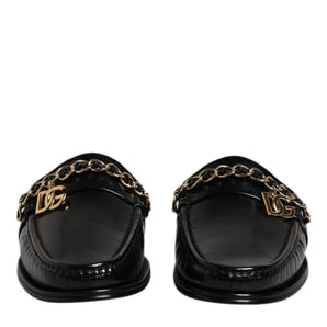 Dolce & Gabbana Black Leather DG Chain Embellished Sandals Shoes
