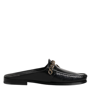 Dolce & Gabbana Black Leather DG Chain Embellished Sandals Shoes