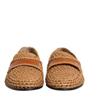 Dolce &amp; Gabbana Brown Woven Raffia Slip On Loafers Shoes