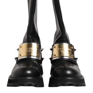 Dolce & Gabbana Black Leather DG Logo Plaque High Boots Shoes