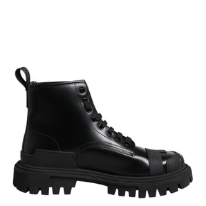 Dolce & Gabbana Black Leather Lace Up Mid Calf Boots Shoes