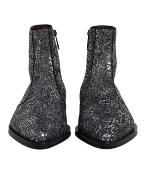 Dolce &amp; Gabbana Dark Gray Cotton Sequined Chelsea Boots Shoes