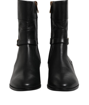 Dolce & Gabbana Black Leather Flats Logo Short Boots Shoes