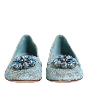 Dolce & Gabbana Blue Lace Crystal Ballet Flats Loafers Shoes