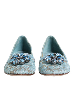 Dolce &amp; Gabbana Blue Lace Crystal Ballet Flats Loafers Shoes