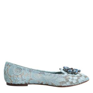 Dolce & Gabbana Blue Lace Crystal Ballet Flats Loafers Shoes