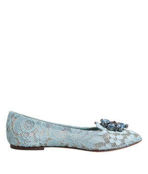 Dolce &amp; Gabbana Blue Lace Crystal Ballet Flats Loafers Shoes