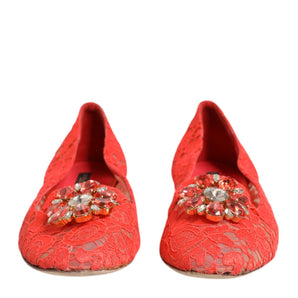 Dolce & Gabbana Orange Lace Crystal Ballet Flats Loafers Shoes
