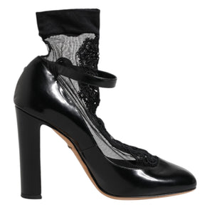 Dolce & Gabbana Black Leather Lace Socks Heels Pumps Shoes
