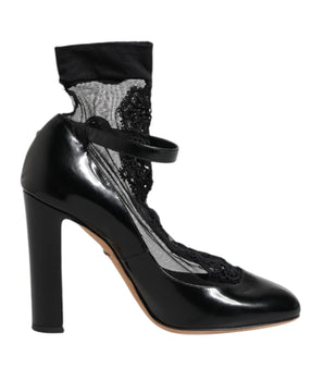 Dolce & Gabbana Black Leather Lace Socks Heels Pumps Shoes