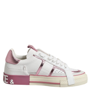 Dolce & Gabbana White Pink Leather Low Top Sneakers Shoes
