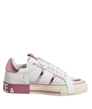 Dolce & Gabbana White Pink Leather Low Top Sneakers Shoes