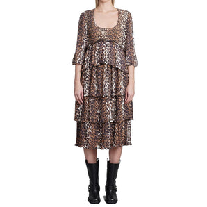 Ganni Pleated Georgette Leopard Midi Dress