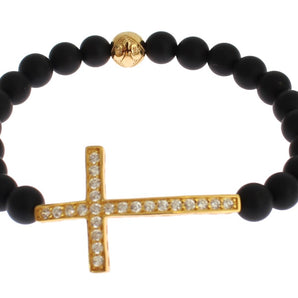 Pulsera elegante con cruz de diamantes y cuentas de ónix mate de Nialaya