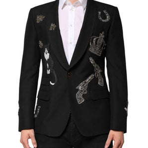 Dolce & Gabbana Black Bee Crown Embellished Suit Coat Blazer