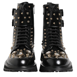 Dolce & Gabbana Black Studded Lace Up Mid Calf Boots Shoes