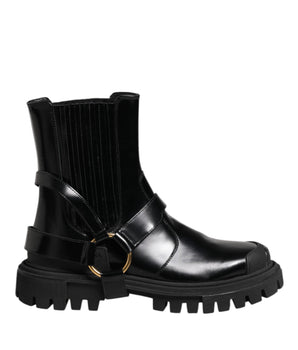 Dolce &amp; Gabbana Black Leather Chelsea Men Short Boots Shoes
