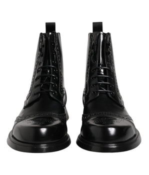 Dolce & Gabbana Black Leather Lace Up Mid Calf Boots Shoes