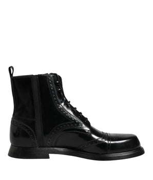 Dolce & Gabbana Black Leather Lace Up Mid Calf Boots Shoes