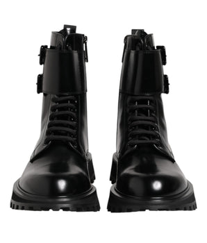 Dolce & Gabbana Black Leather Lace Up Mid Calf Boots Shoes