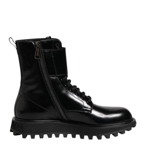 Dolce & Gabbana Black Leather Lace Up Mid Calf Boots Shoes
