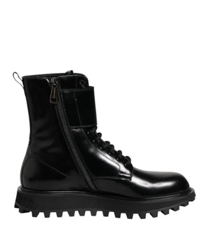 Dolce & Gabbana Black Leather Lace Up Mid Calf Boots Shoes
