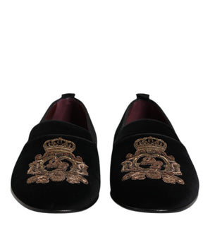 Dolce &amp; Gabbana Black Velvet Gold Crown Mens Loafers Shoes
