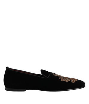 Dolce &amp; Gabbana Black Velvet Gold Crown Mens Loafers Shoes